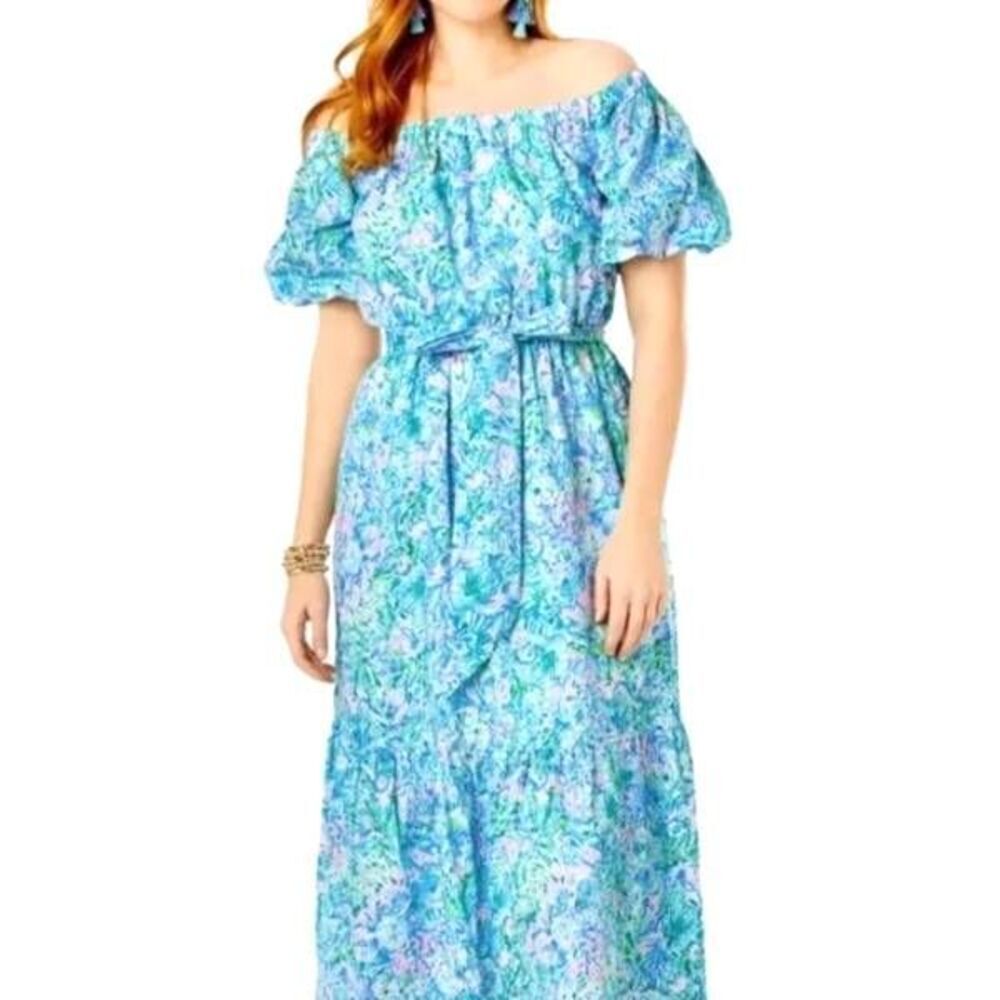 LILLY PULITZER Tamie Off The Shoulder Cotton Midi Dress Surf Blue Size Small